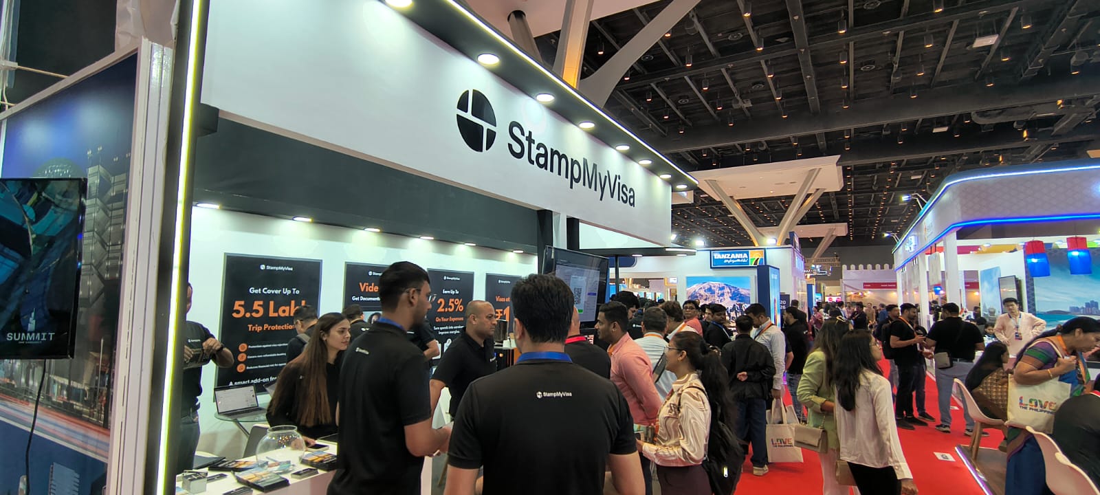 Busy trade exhibition hall view of the booth